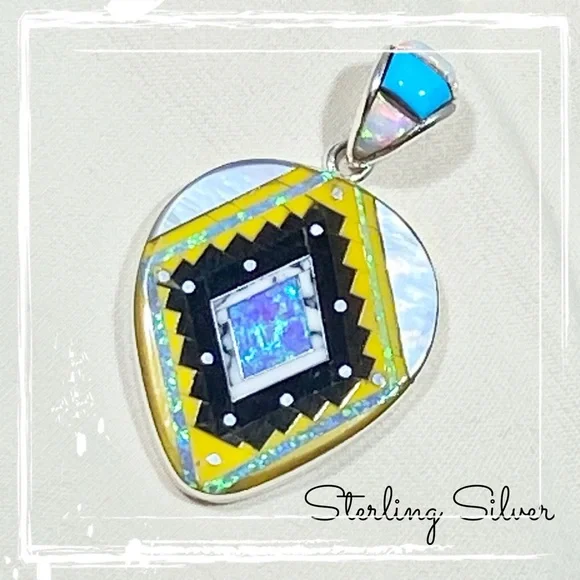 Signed SM Sterling Silver Inlaid Multi Gemstone Native American Navajo Pendant - Picture 4 of 9